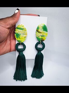 Green Marble and Dark Green Tassel Statement Earrings